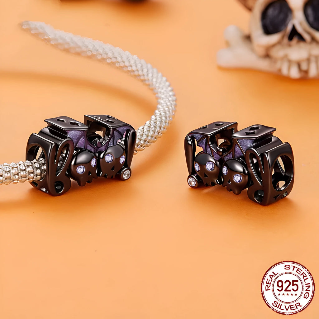 925 sterling silver dark bat bead charm with pumpkin skull, 0.9x1.4 cm, 0.45 cm aperture