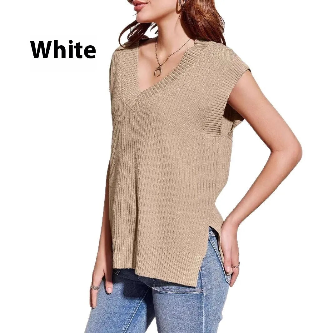Women's camel-coloured V-neck sleeveless pullover vest with loose fit on hanger