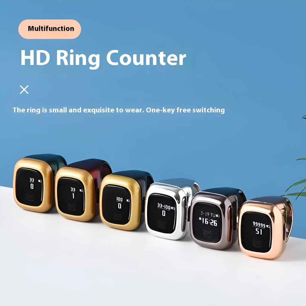 Electronic counter with digital display showing numbers and text, available in multiple colours and band width sizes