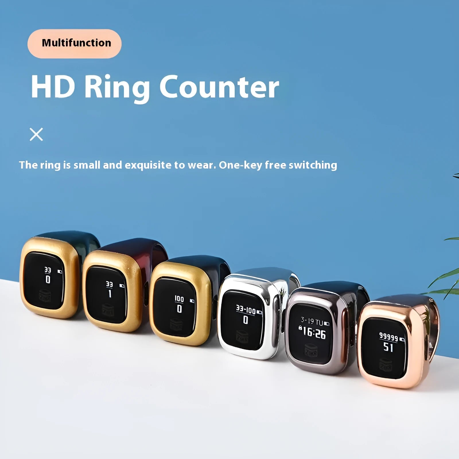 Electronic counter with digital display showing numbers and text, available in multiple colours and band width sizes