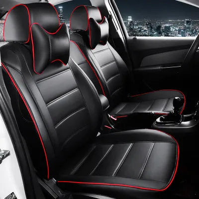 Cow leather car seat cover in binding style, shown in beige and black with red accent colour options