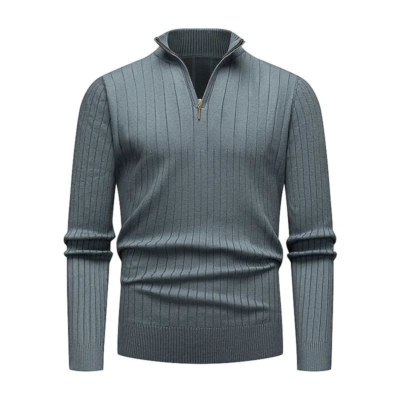 Men's half-zip striped knitwear sweater with stand collar and long sleeves in khaki, brown, dark grey, navy blue, or black