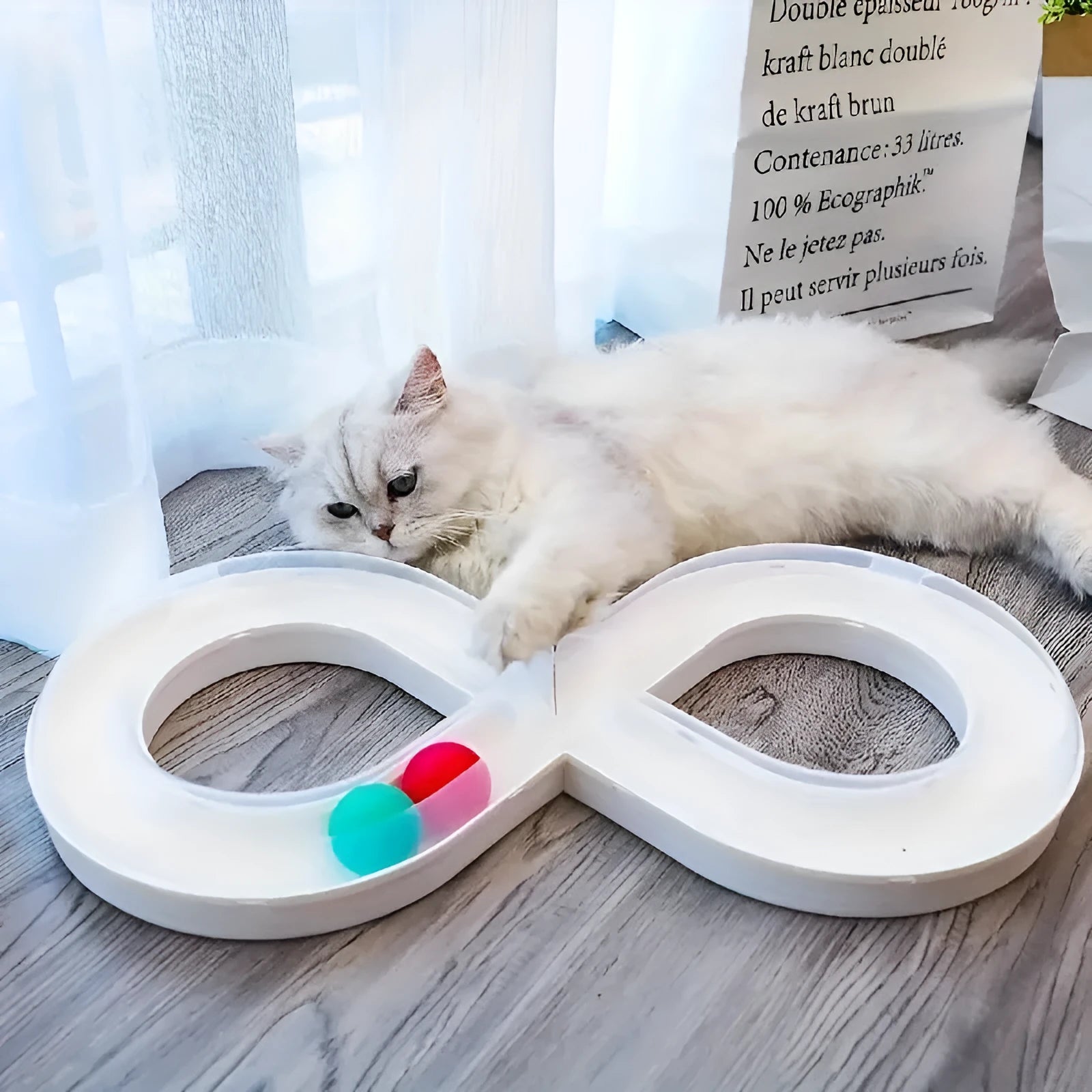Blue and white cat turntable track ball toy set with teasing stick measuring 50cm long