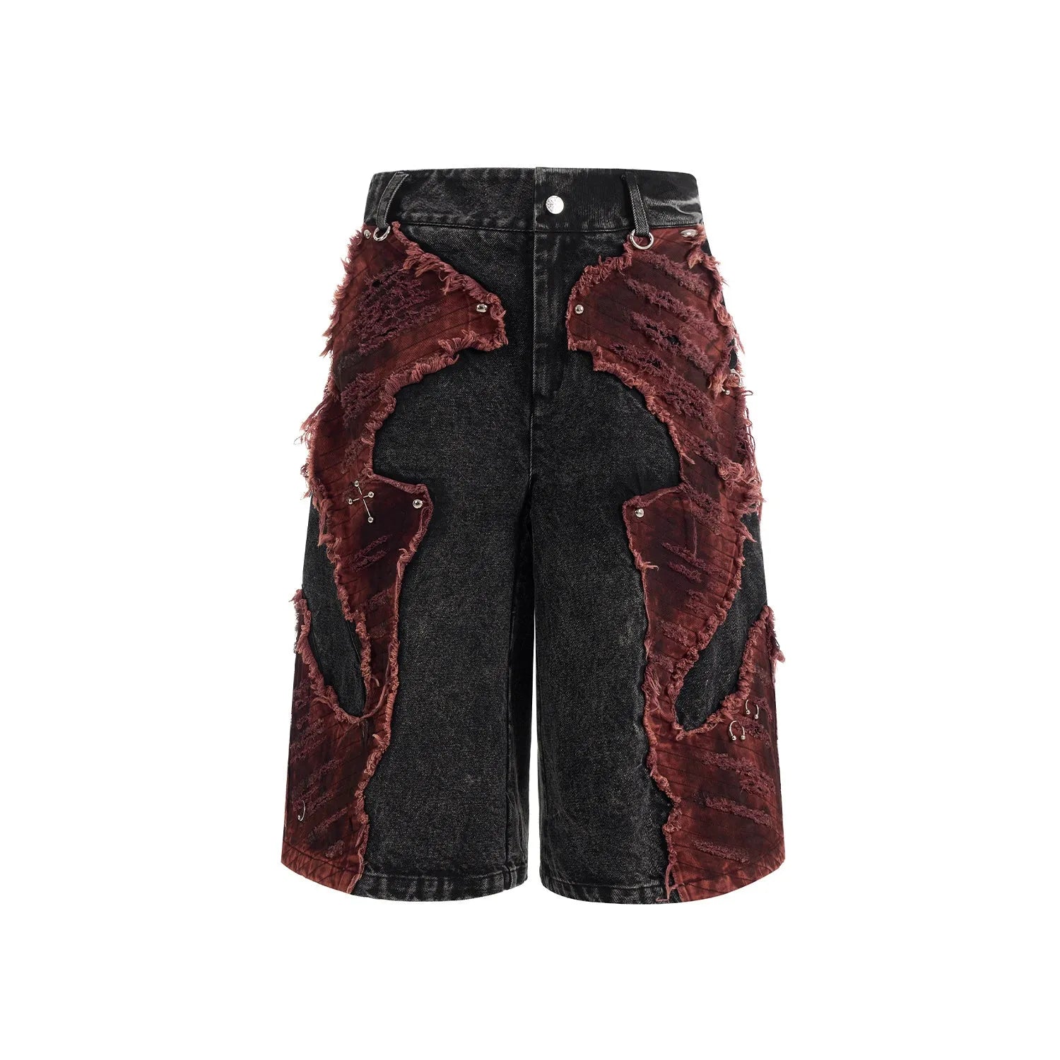 Distressed denim cropped pants with wide leg silhouette and brushed stitching details