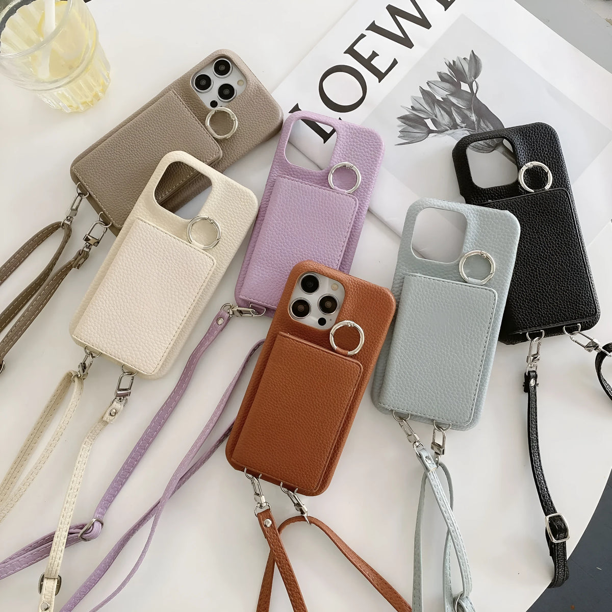 Lychee pattern frosted imitation leather lanyard phone case with beauty mirror and card slots