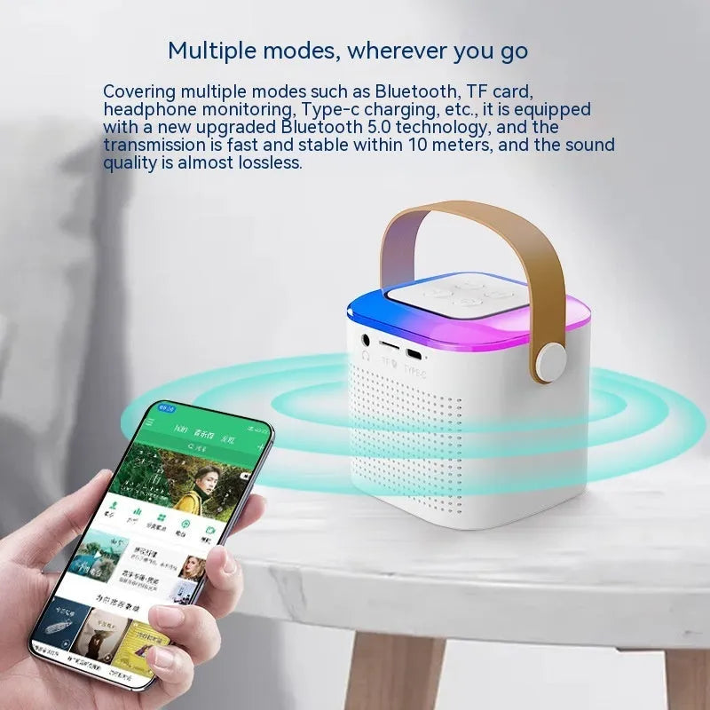 Bluetooth karaoke machine speaker with two wireless microphones and RGB light in pink, white, and blue models