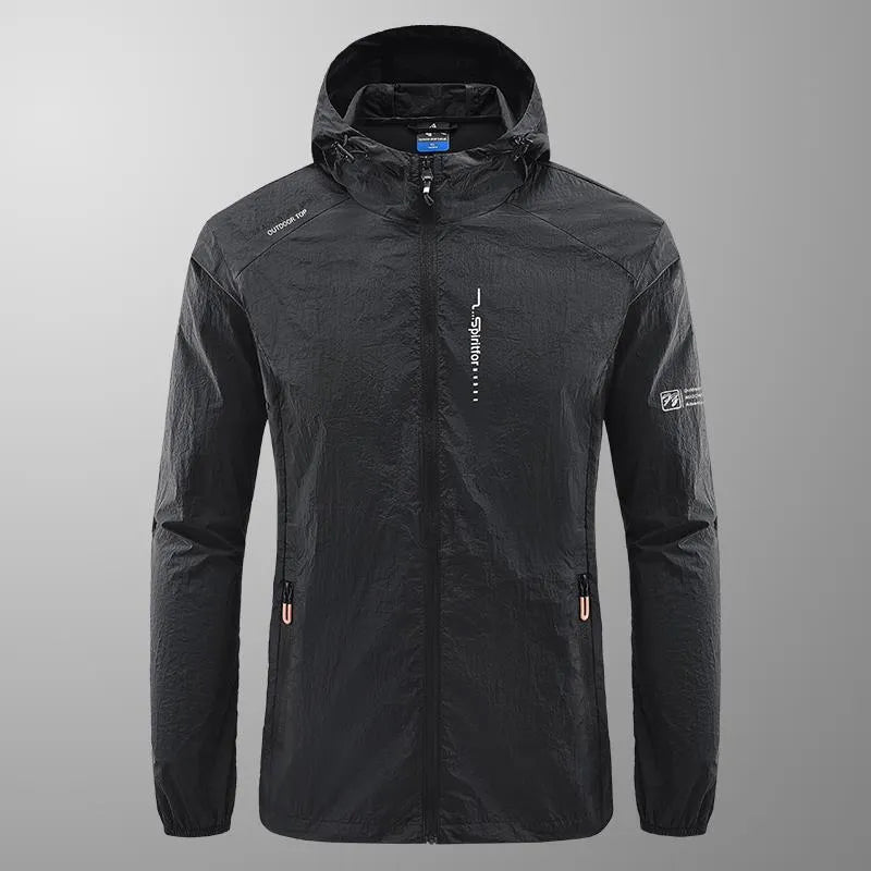 Men's light grey hooded nylon summer jacket with loose fit for sun protection