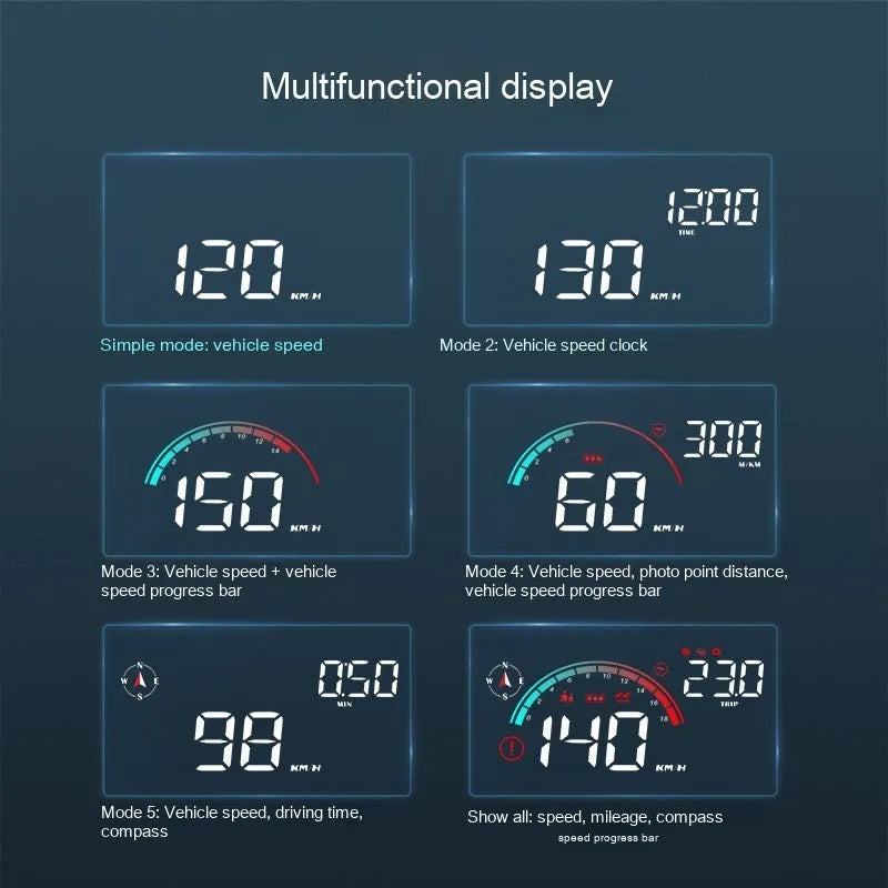 Black universal head-up display (HUD) car projector unit for windscreen speed and compass projection.