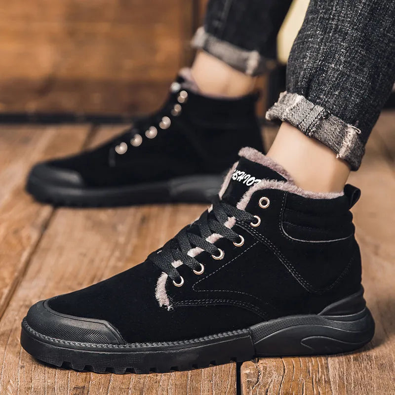 Men's winter ankle boots in matte suede with plush lining, rubber sole, and front tie closure