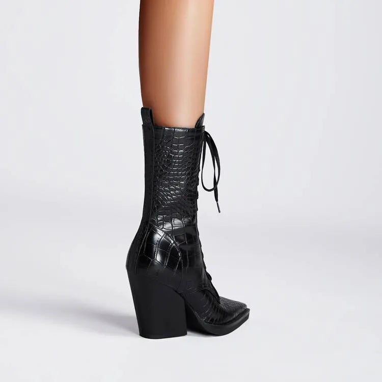 Dark brown women's pointed toe boots with chunky heel and side zip.