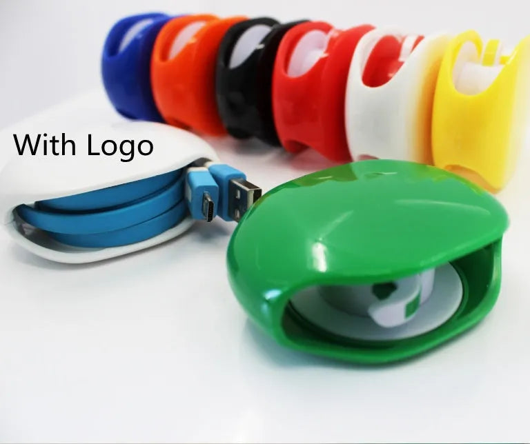 Automatic earphone cable retractor winder in multiple colours on a white background.