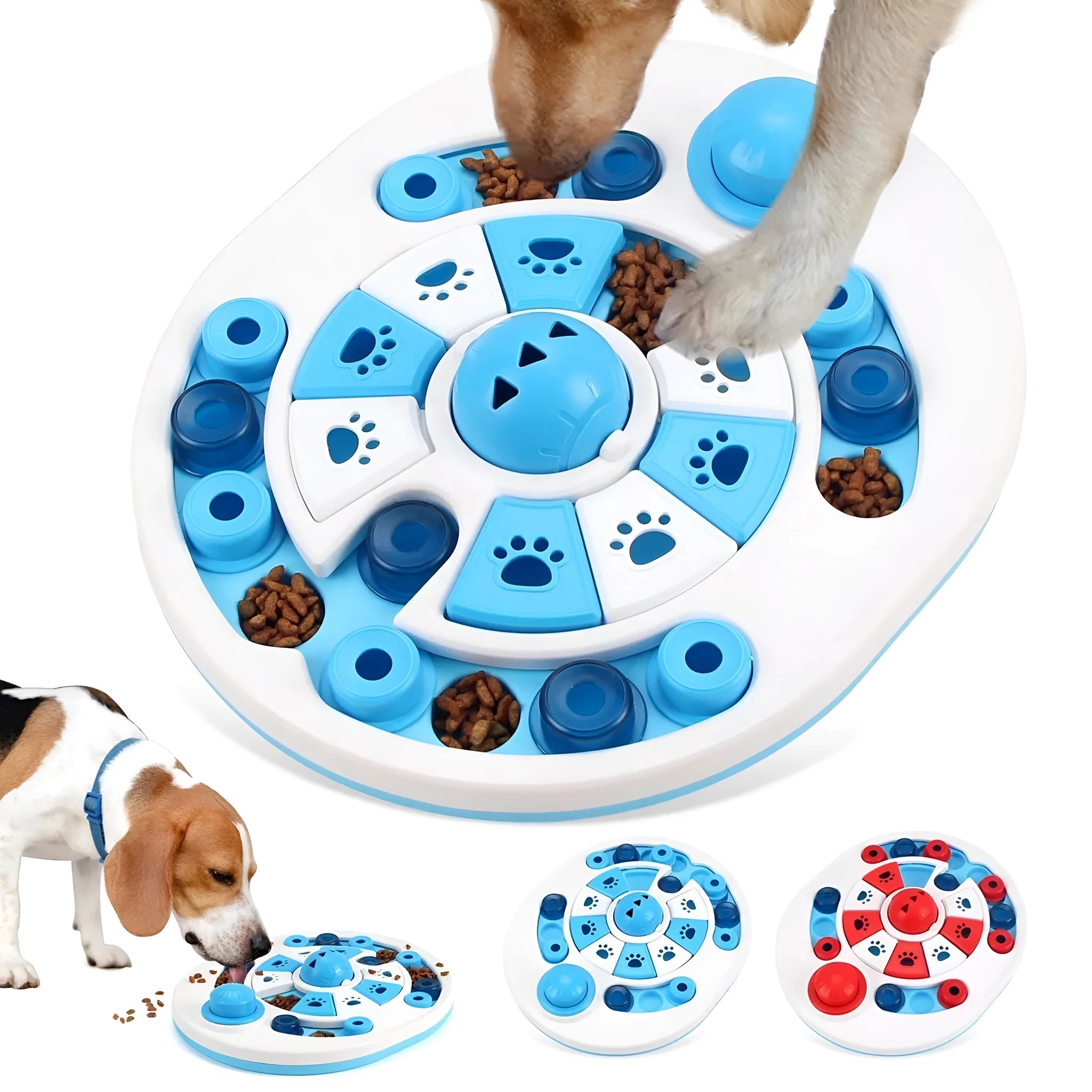 Blue dog puzzle toy with 24 compartments and spherical bells on a floor, showing clear top and non-slip base