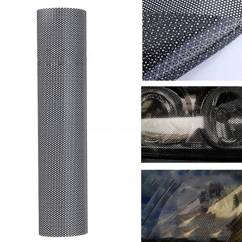 Perforated automotive colour changing film roll showing mesh pattern and dimensions