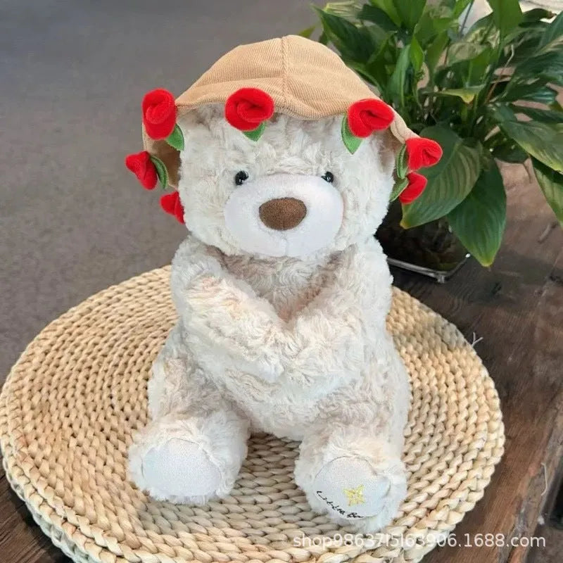 Rose bouquet bear doll plush toy in dark brown or light brown, small or large size, with one plush toy per pack