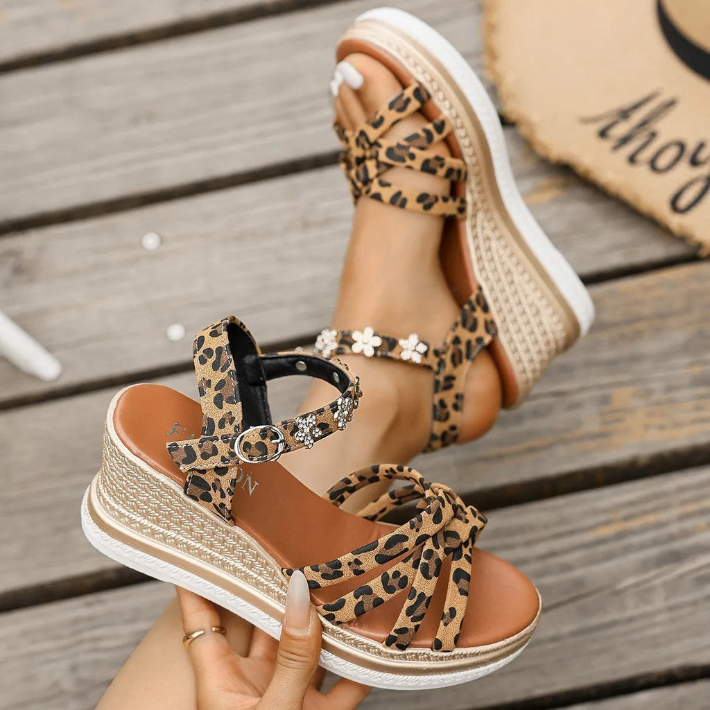 Light brown suede women's platform sandals with ankle buckle straps and open toe design