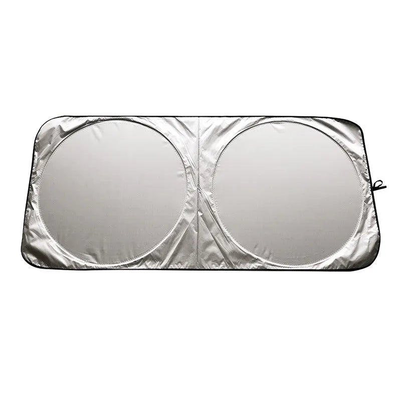 Silver tape car sunshade folded beside 190*90 cloth storage bag showing 190x90cm dimensions