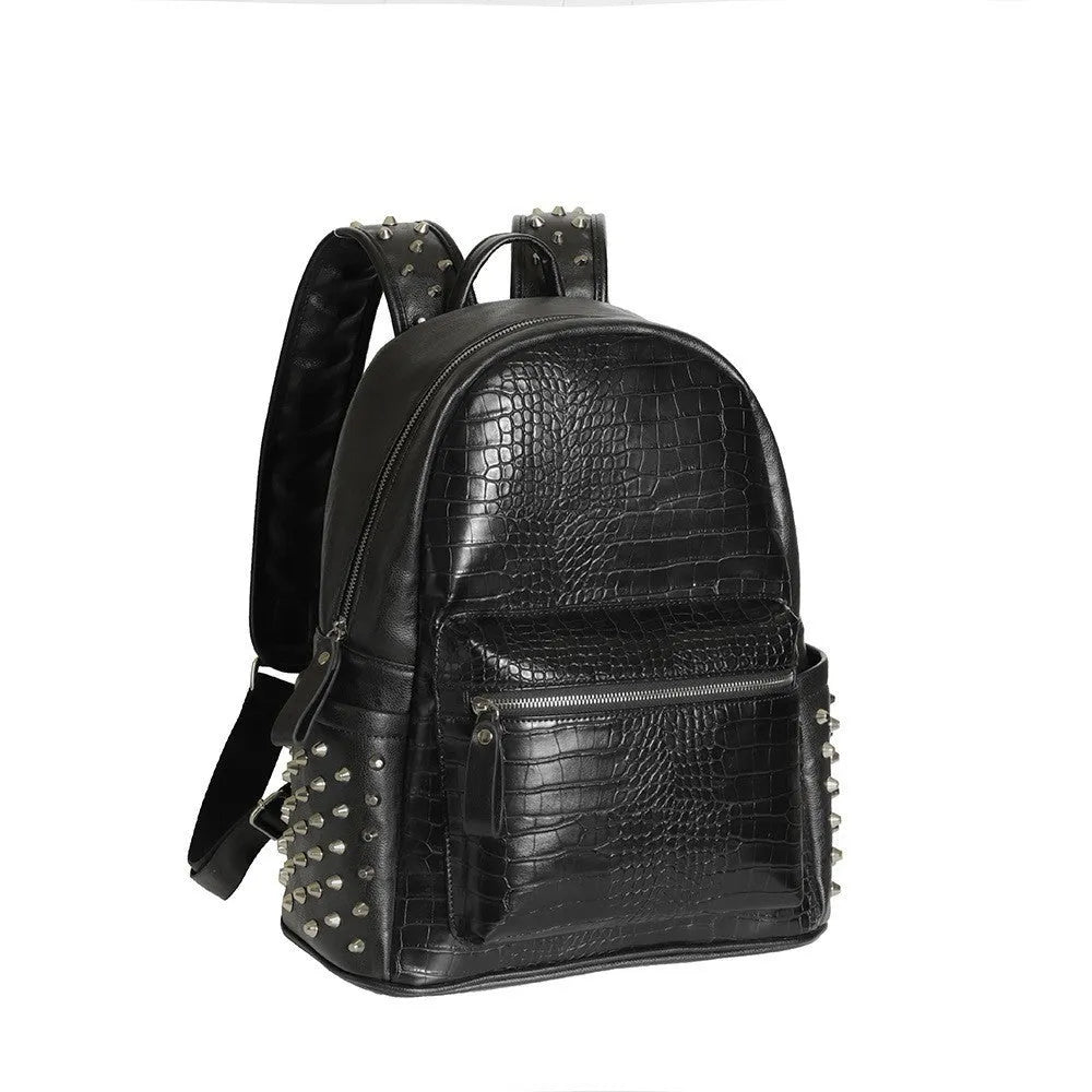 Black oil wax leather waterproof computer schoolbag with rivets, showing large 36-55L capacity.