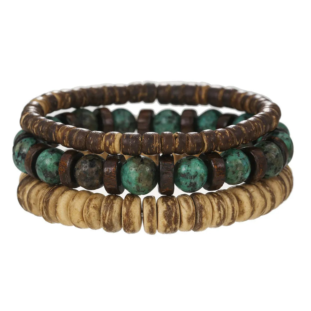Retro men's coconut wood multi-layer stackable bracelet set with round beads