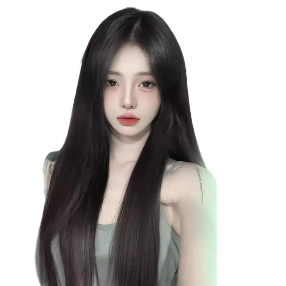 Women's full-head fluffy wig with forehead lace in brown black high temperature fibre.