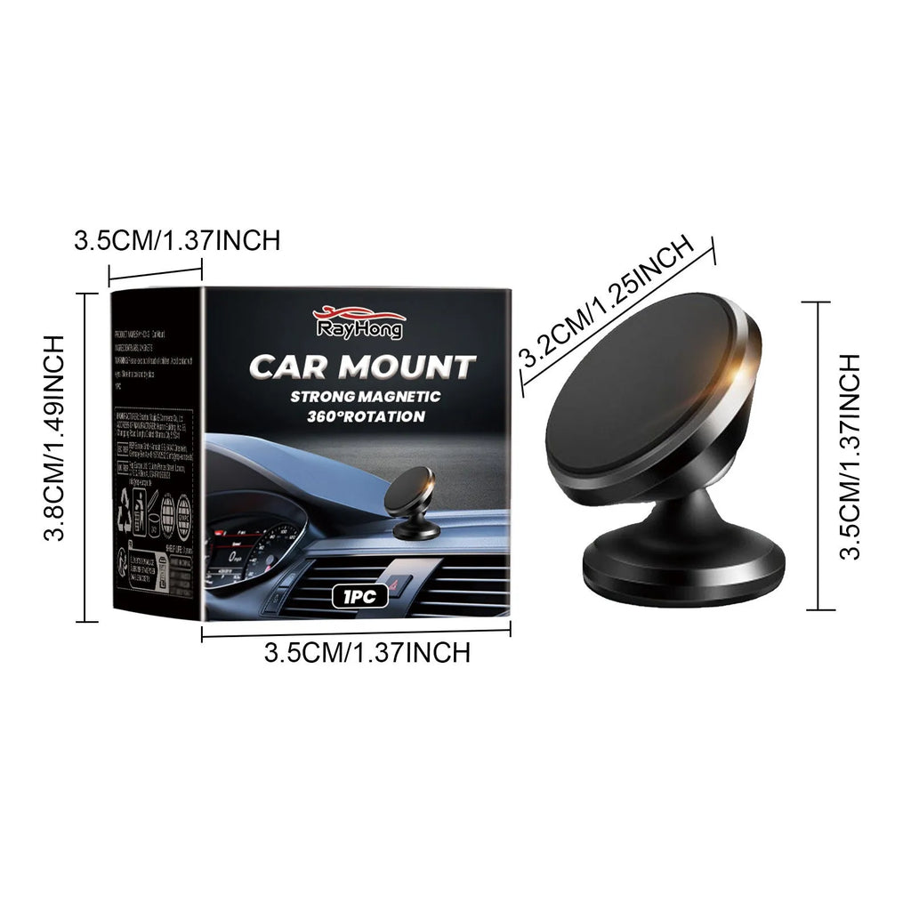 Magnetic car foldable phone holder in black ABS plastic, 3.2x3.5cm, shown on a dashboard
