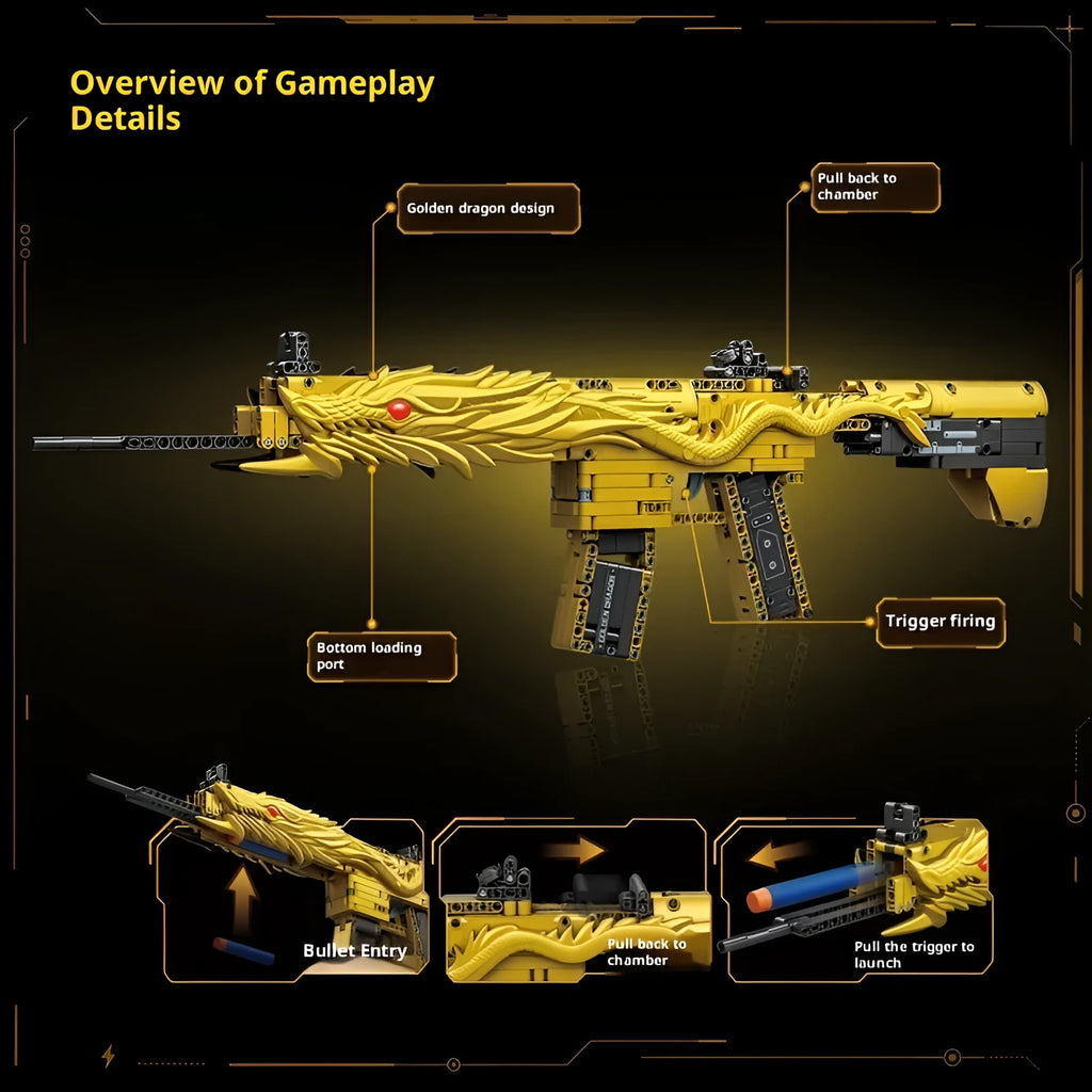 Golden Sand Eagle Gun M416 rifle model built from small particle plastic building blocks, colour box packaging