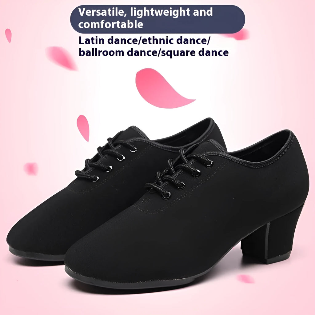 Black Oxford cloth men's dancing shoes with middle heel, rubber sole, front view