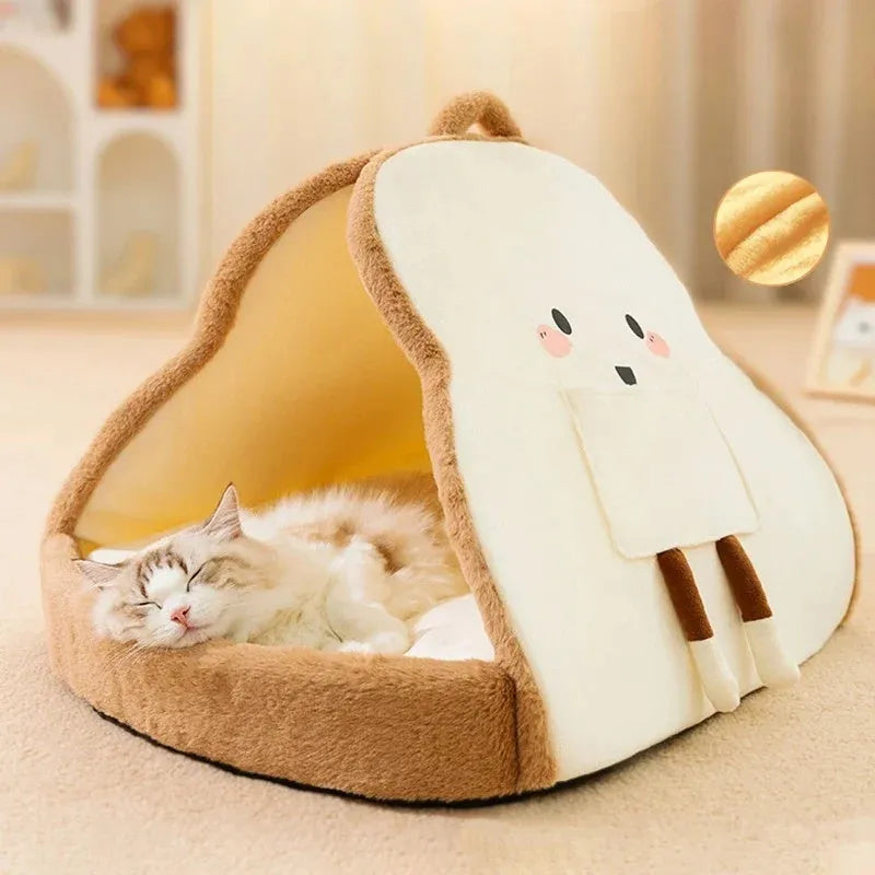 Green winter cat tent pet house with deep cave bed design and soft blanket inside.