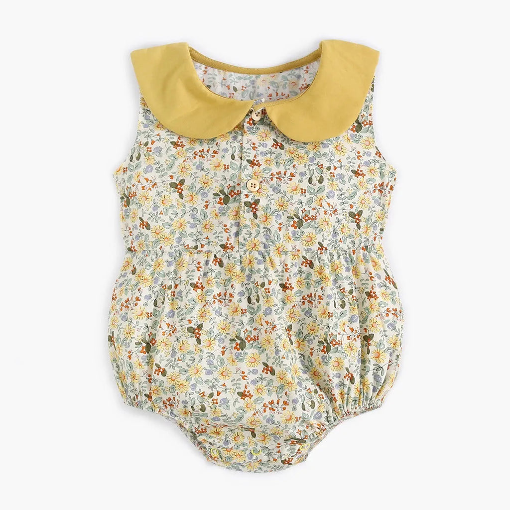 Yellow floral cotton baby romper with doll collar for girls, triangle jumpsuit style