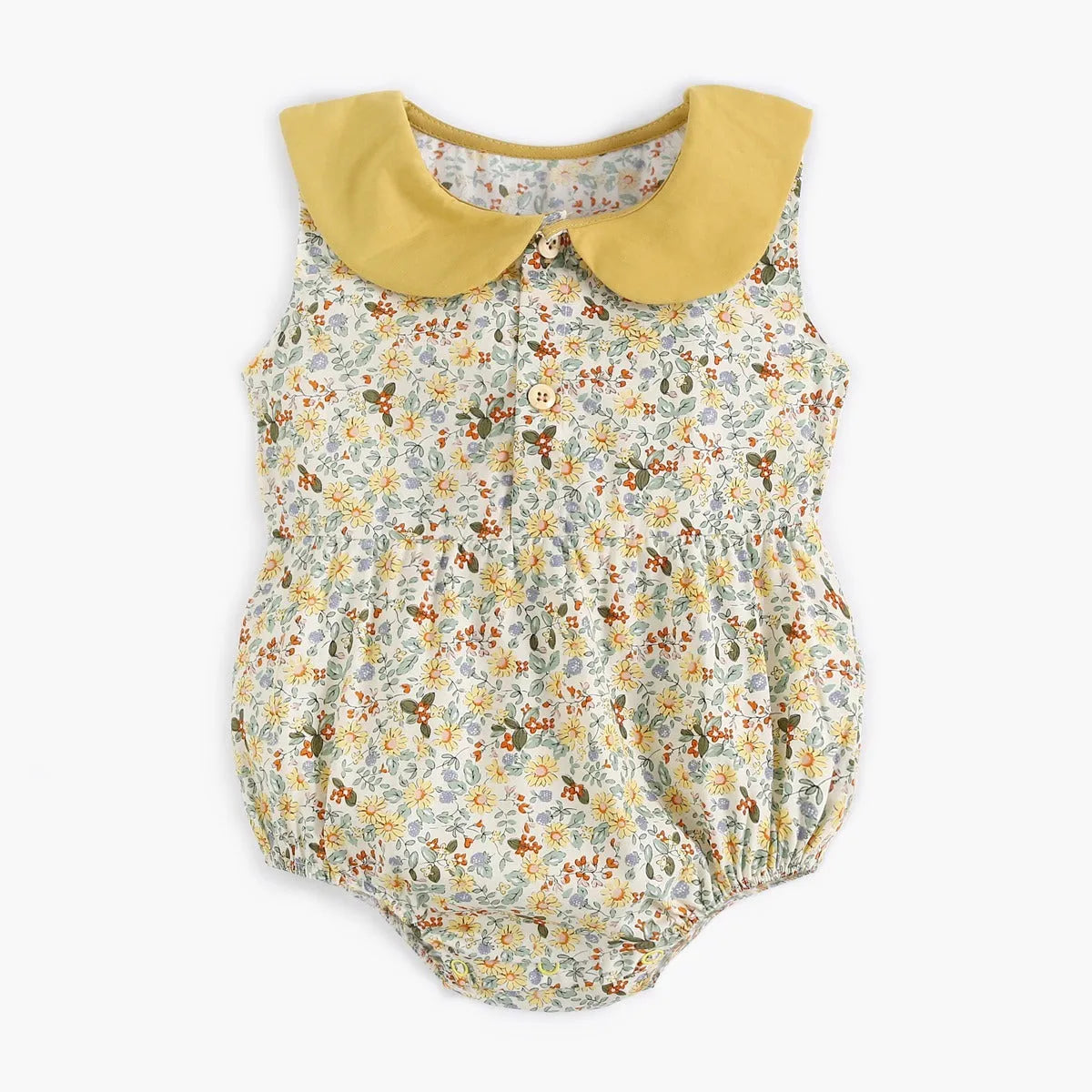 Yellow floral cotton baby romper with doll collar for girls, triangle jumpsuit style