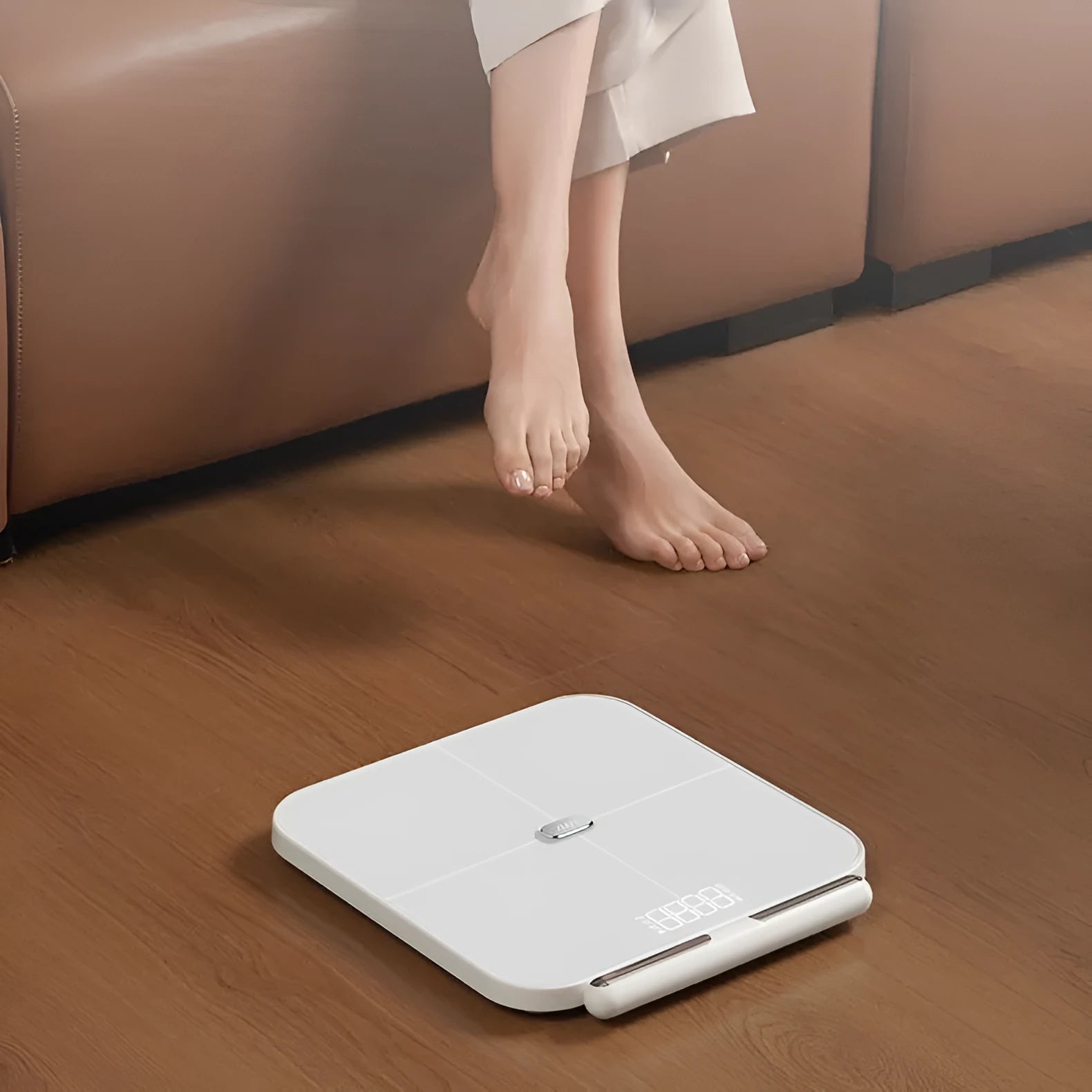White smart body fat scale with 8 electrodes and a large LED display on a tempered glass platform.