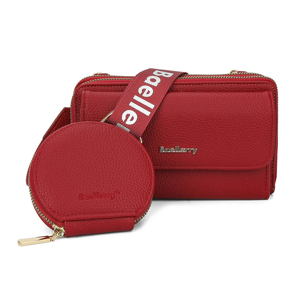 Two lychee-textured composite crossbody bags with letter print and small coin purse in pink and dark blue