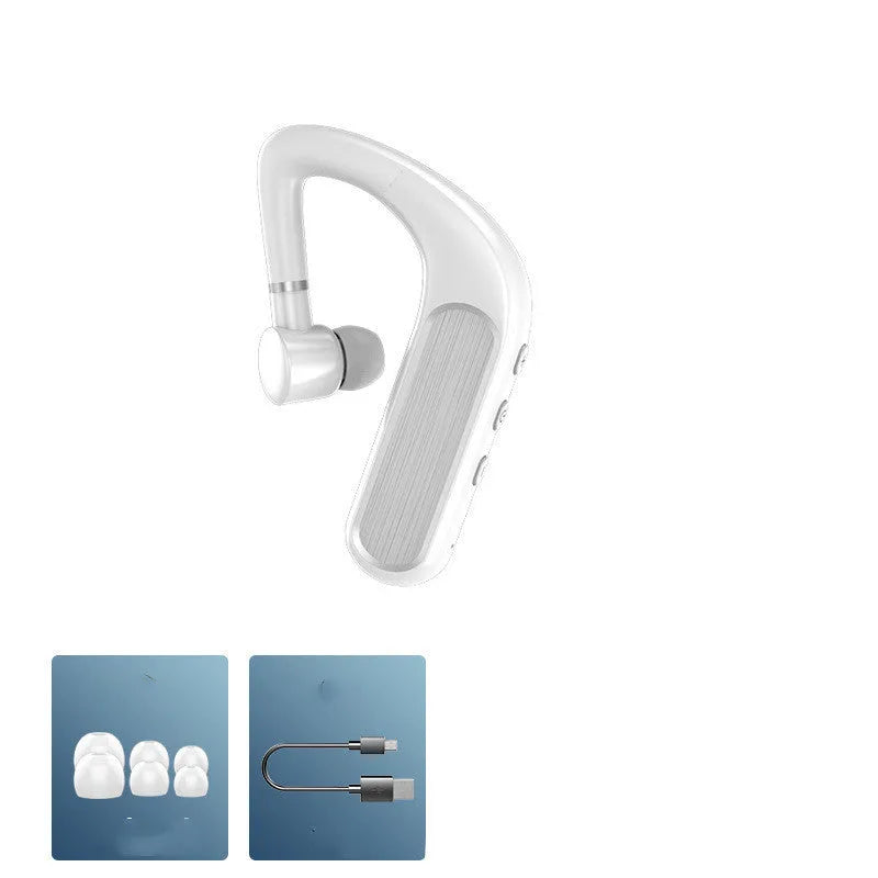 Black Bluetooth hanging ear earphones shown with a charging warehouse and three sizes of ear caps.