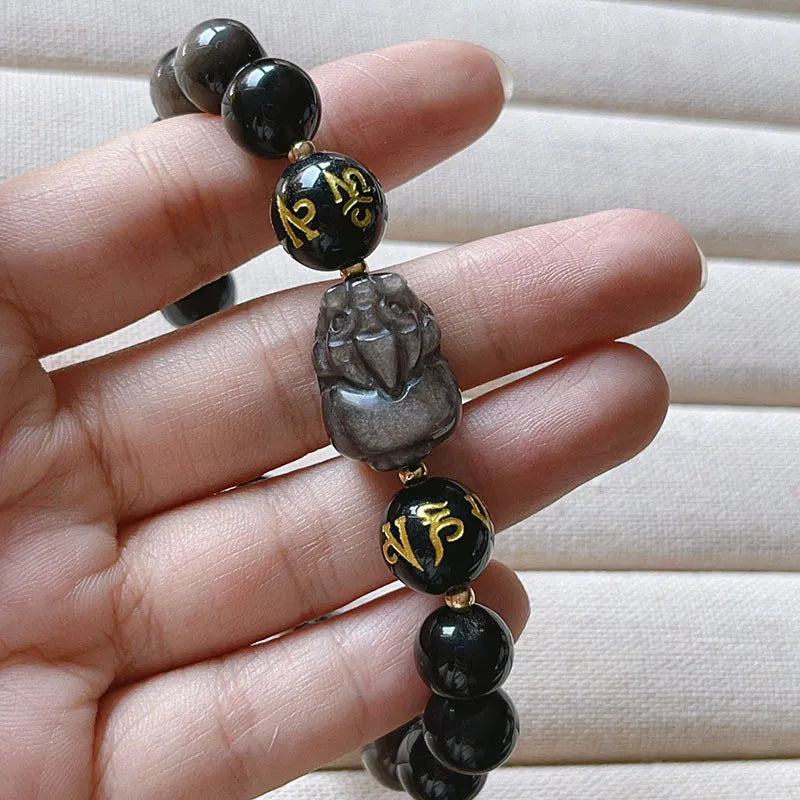 Men's silver stone bracelet with Chinese zodiac design and natural stone beads