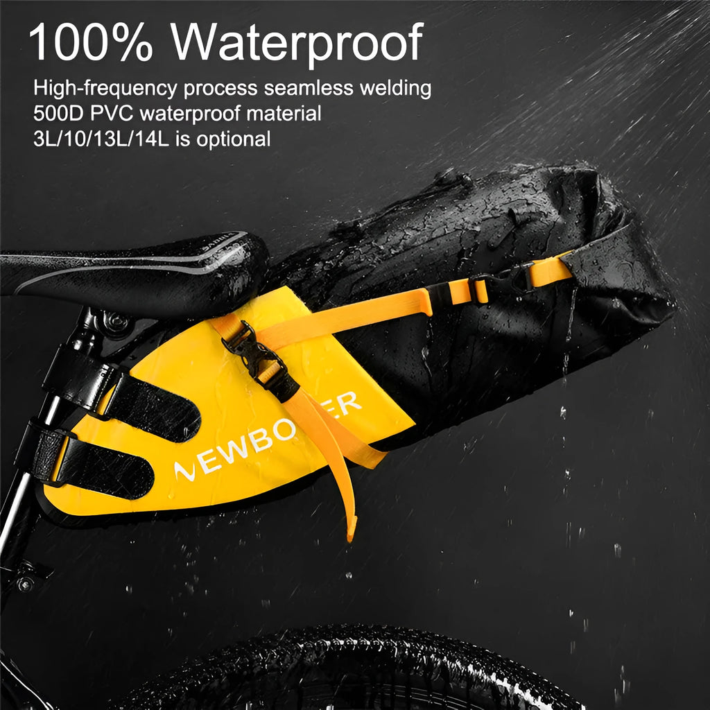 Waterproof PVC bicycle tail bag in yellow, mounted on bike, showing 13L capacity.