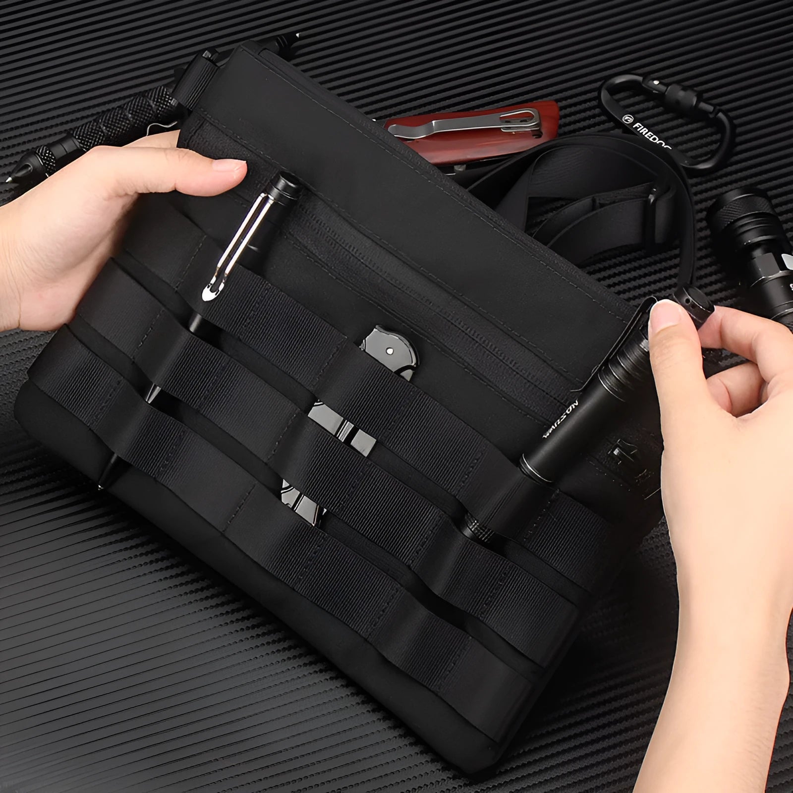 Black Oxford cloth outdoor pouch measuring 18cm long with wear-resistant texture for military and hiking gear