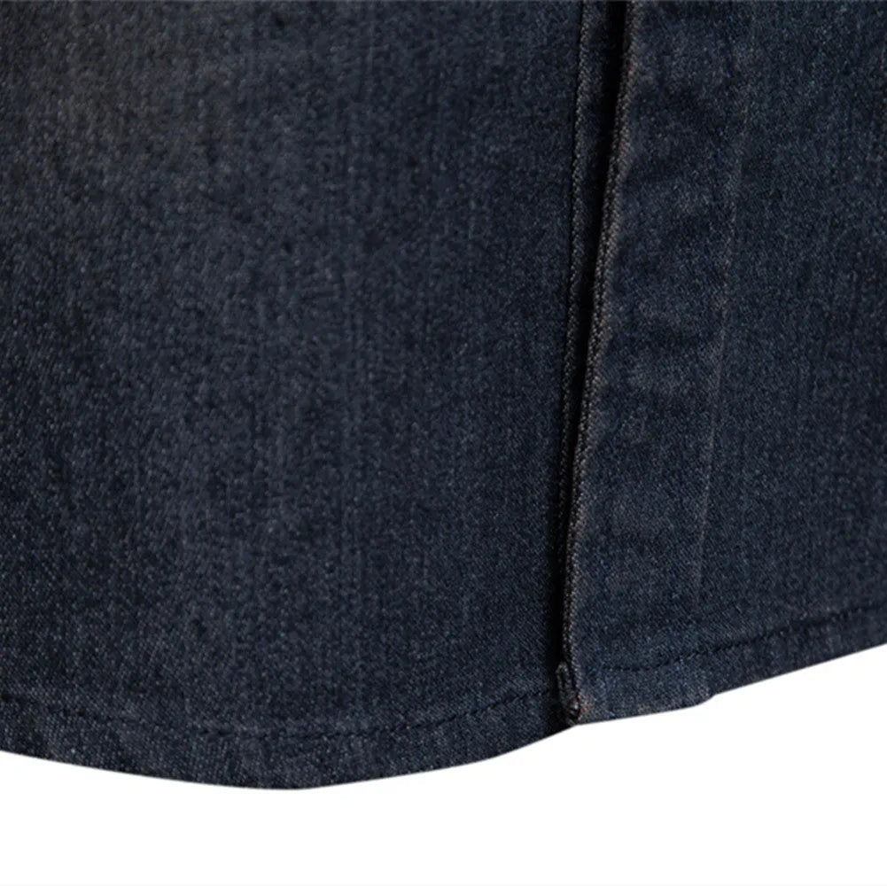 Men's slim fit cotton denim shirt in solid colour with long sleeves and button front