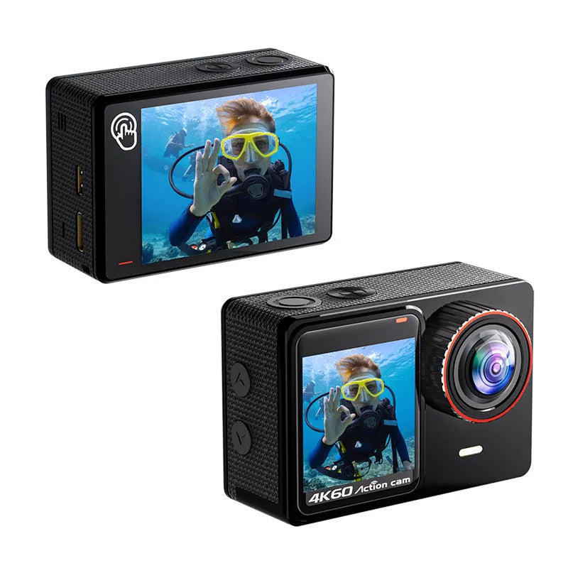 4K60 waterproof action camera with dual colour screen and 30m housing on a white background
