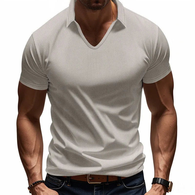 Men's loose fit solid colour V-neck short sleeve t-shirt on a hanger.