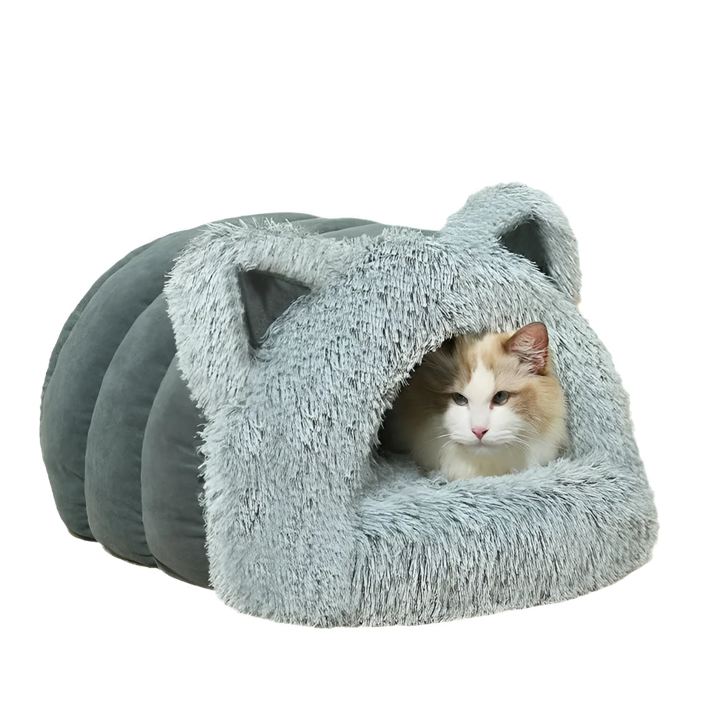 Plush cat ear pet bed in blue with thick padding and large collar design
