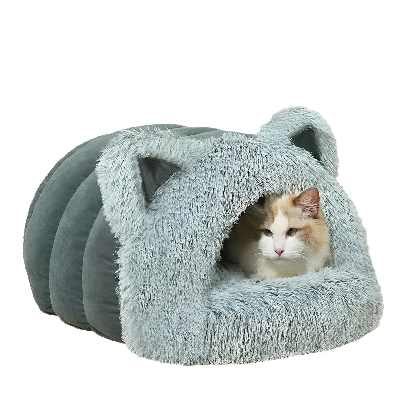 Plush cat ear pet bed in blue with thick padding and large collar design