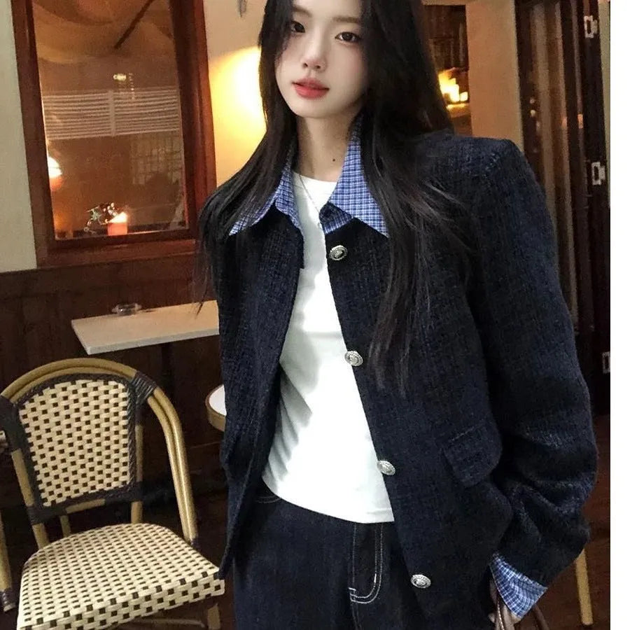 Womens loose casual short tweed jacket with button and stitch detailing, solid colour, cropped 40cm length