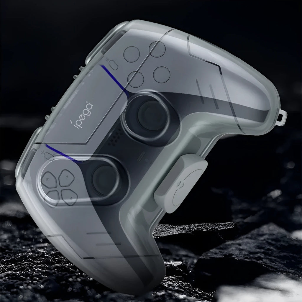 Transparent grey hard plastic game controller protective storage case.