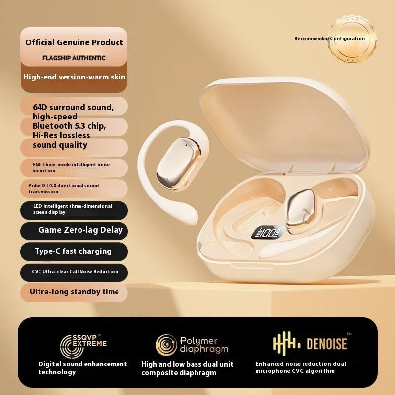 Ear-mounted headphones with digital display screen in black, white, or skin colour options