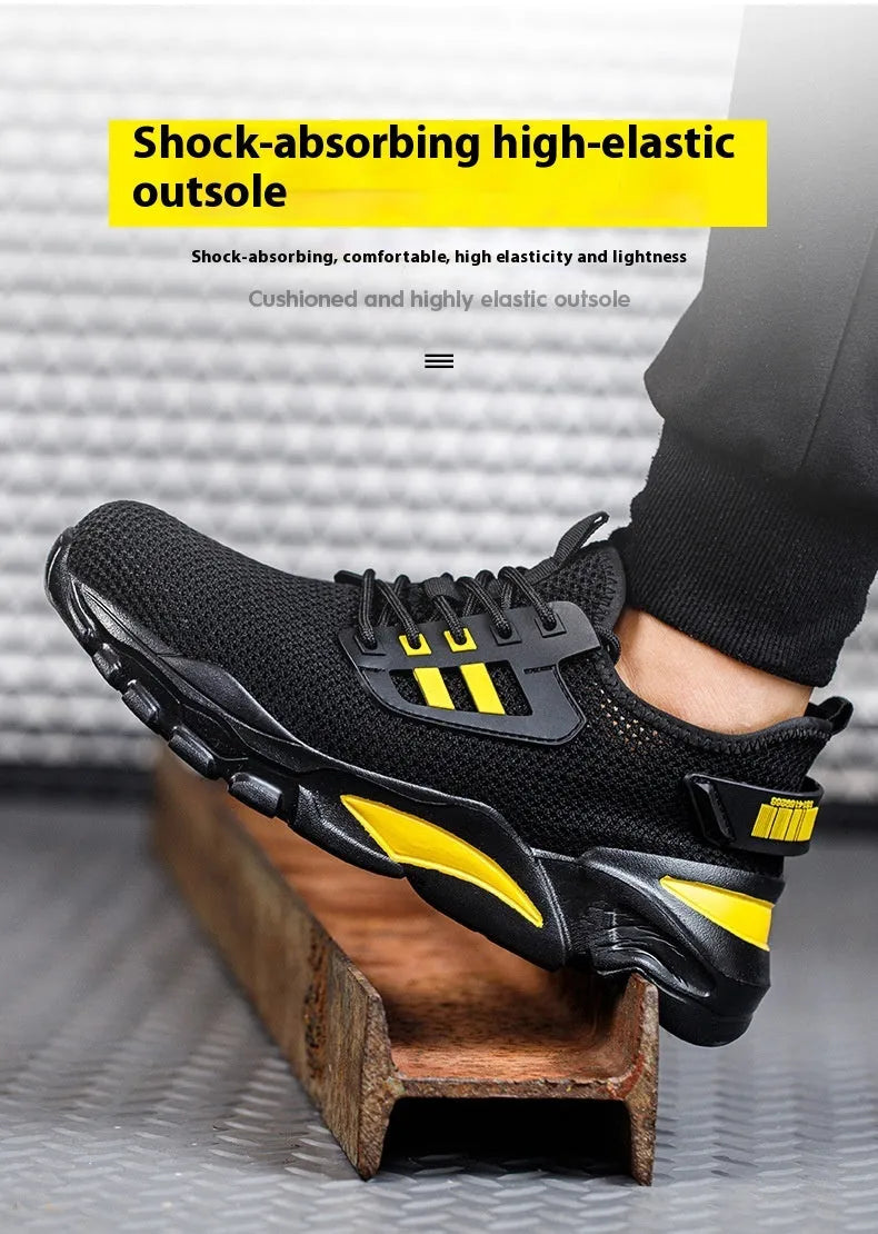 Men's black Flyknit steel toe safety work shoes with low-top design on industrial floor