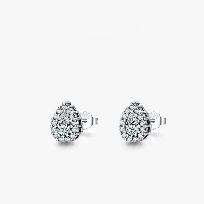 Women's silver water drop shaped ear studs made from 925 sterling silver with diamond treatment