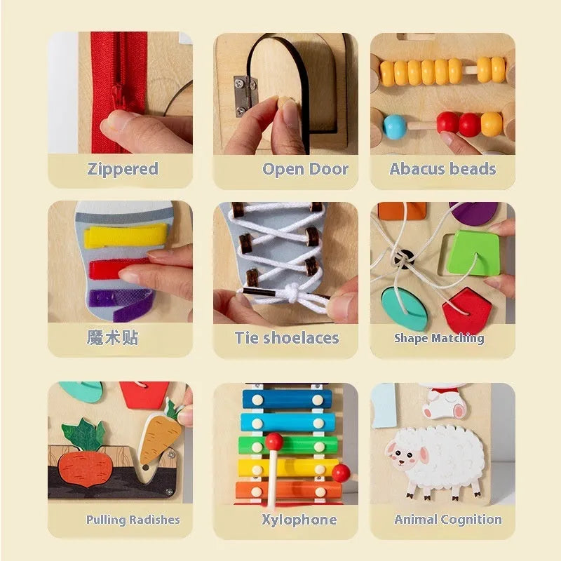 Wooden multi-functional busy wall board educational toy for children aged 4-6 with dimensions 46x15.5x18 cm