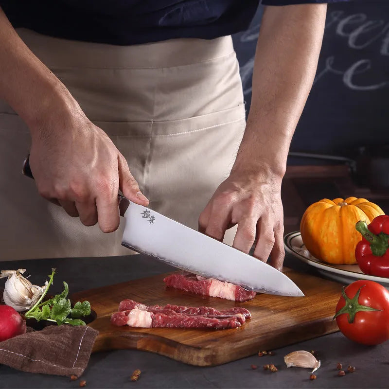 Sanhe Steel AUS-10 stainless steel Japanese-style kitchen knife with 8-inch blade on cutting board