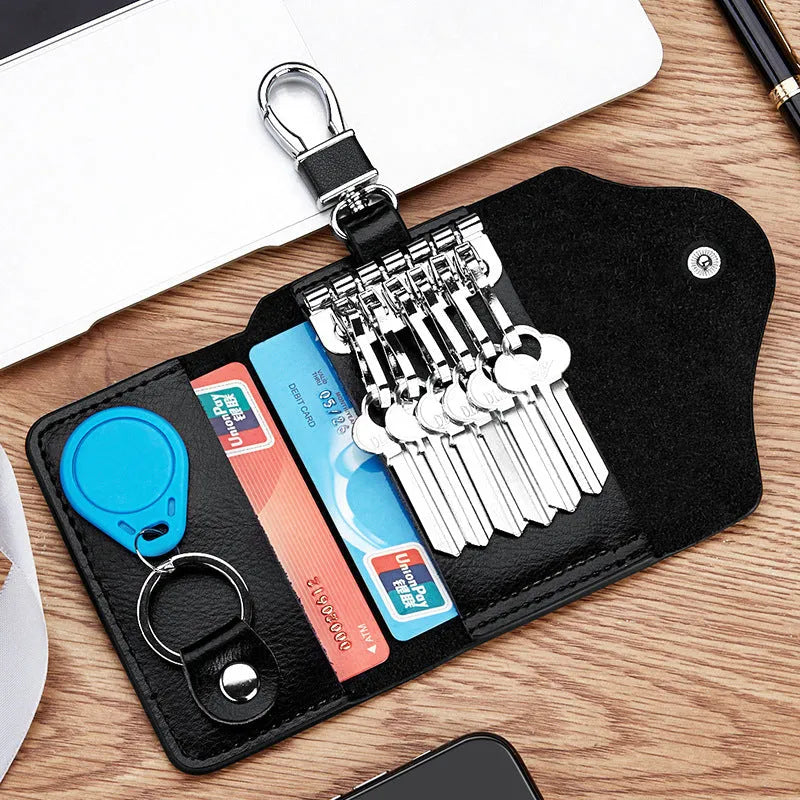 Genuine leather keychain card holder showing square vertical design and internal key organisation