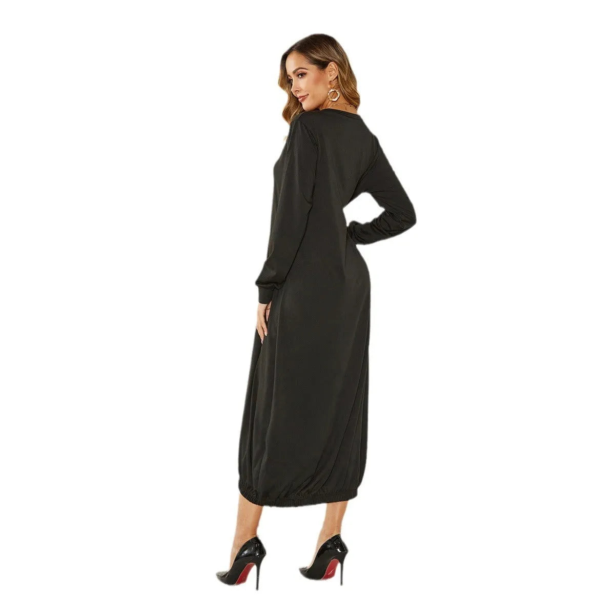 Loose black lantern dress with lace-up crew neck and threads detailing on a mannequin
