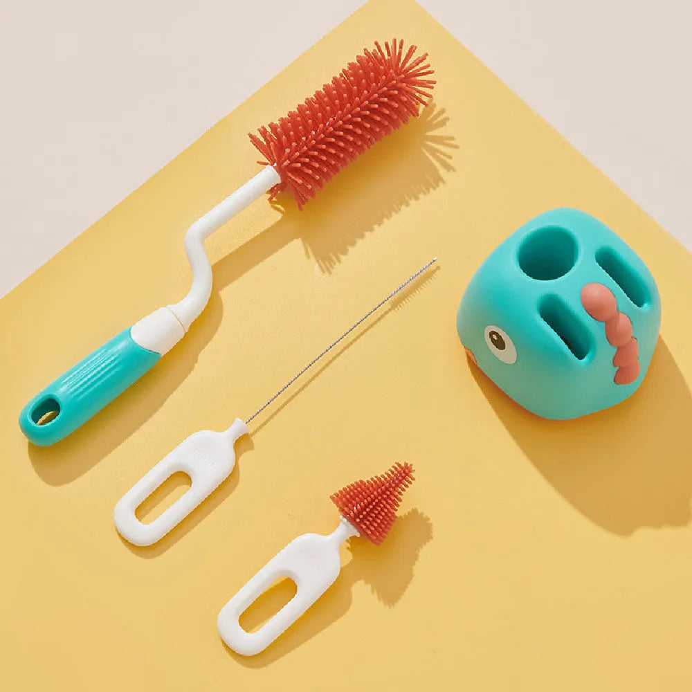 Multifunctional cleaning brush set with base for bottles, pacifiers, and straws in four colours